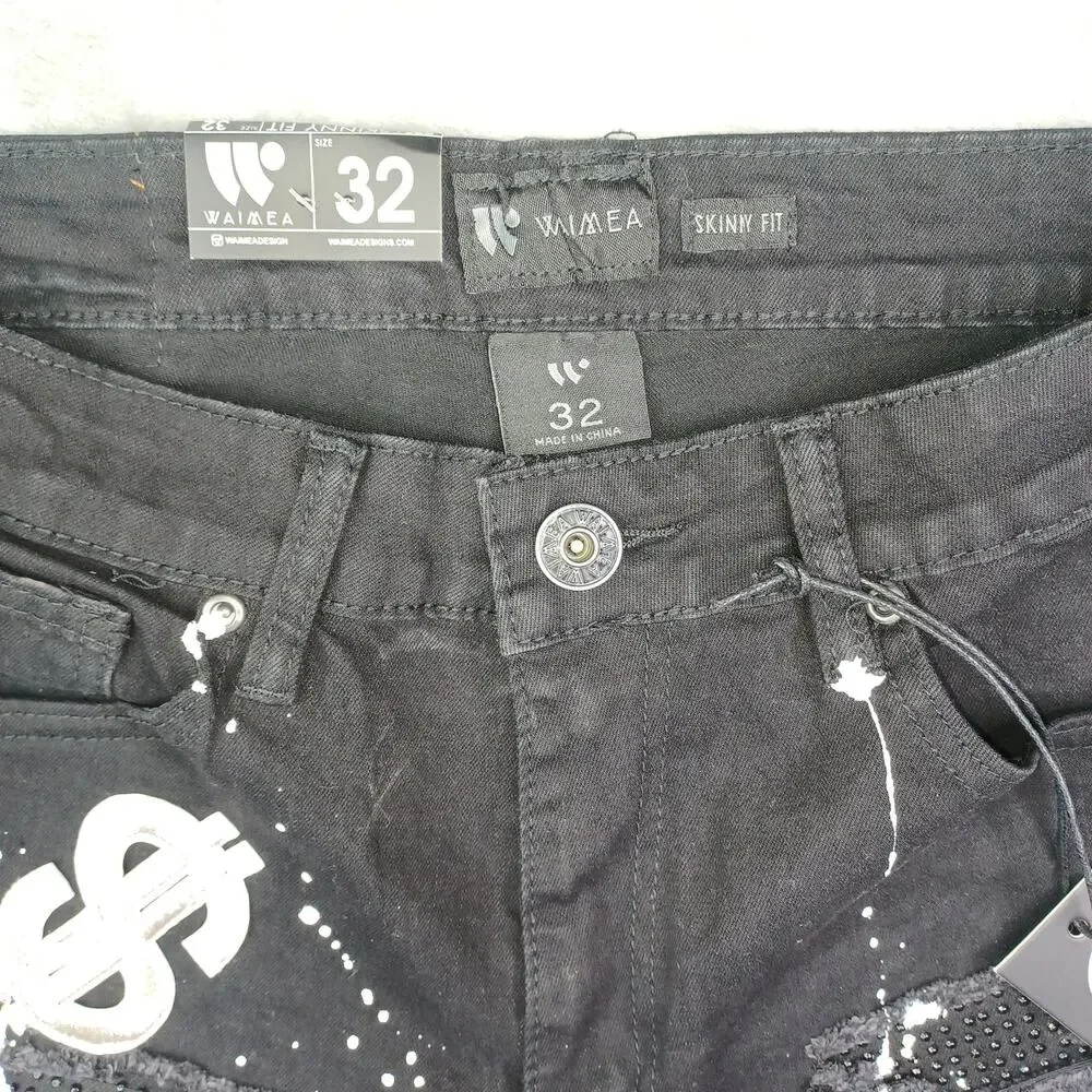 Waimea Black Skinny Fit Jean Shorts Men Size 32 Money Graffiti Paint Streetwear